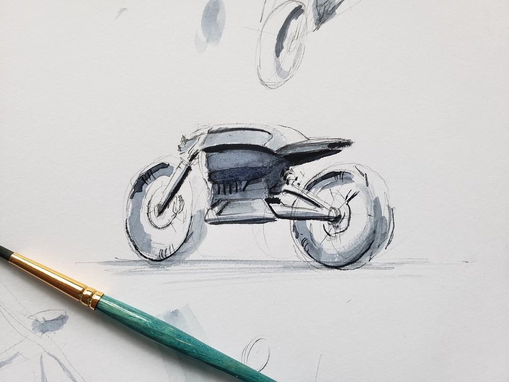 Rear 3/4 watercolor sketch of motorcycle.